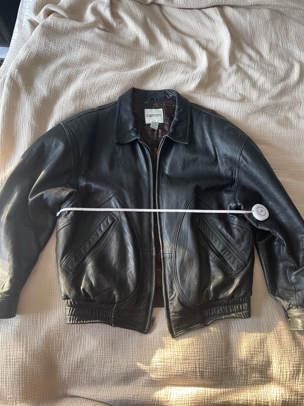Avirex Black Leather Bomber Jacket with Diagonal Pockets